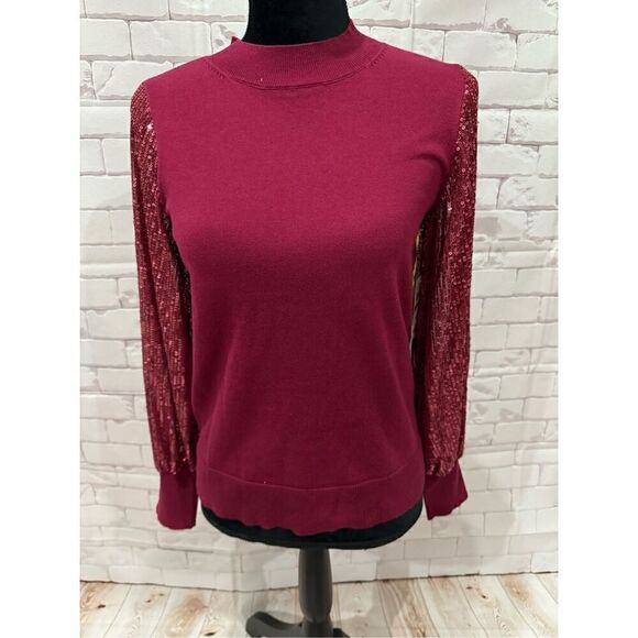CeCe Burgundy Mock Neck Sequin Sleeve Knit Top Blouse - Picture 1 of 11